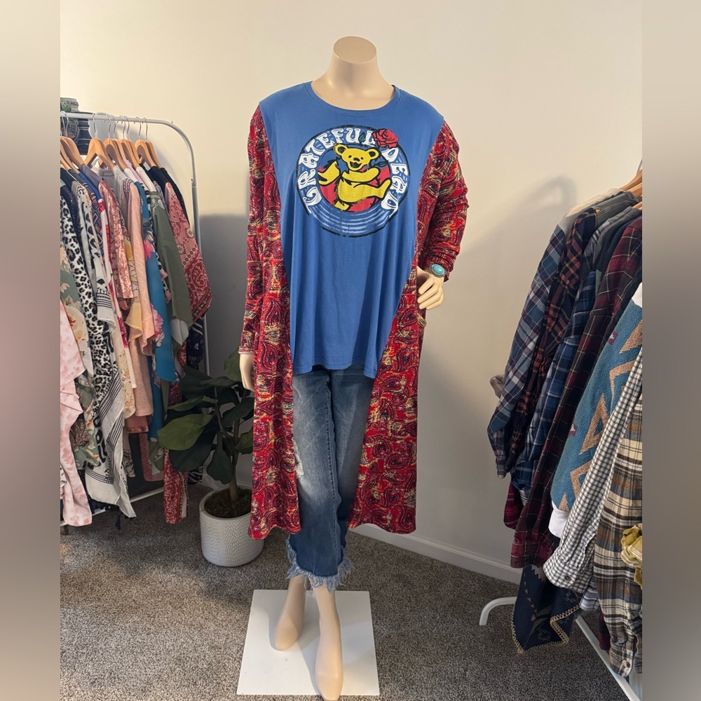 Custom Blue Grateful Dead Graphic Top with Red Paisley Duster Cardigan Sleeves